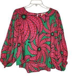 Farm Rio Banana Pitta Womens Top Green & Pink Design Long Puff Sleeves Medium